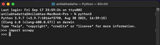Verifying Scrapy installation on macOS