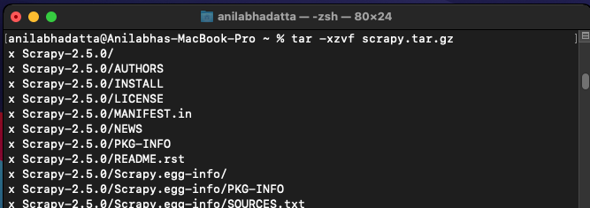 extracting the scrapy.tar.gz file in macos