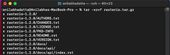 extracting the rasterio.tar.gz file in macos