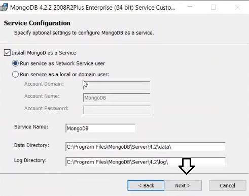 next button on service configuration window