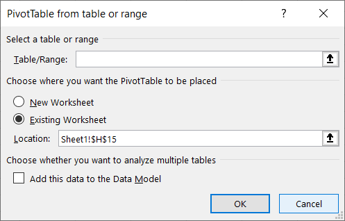 PibotTable from table or range dialogue box