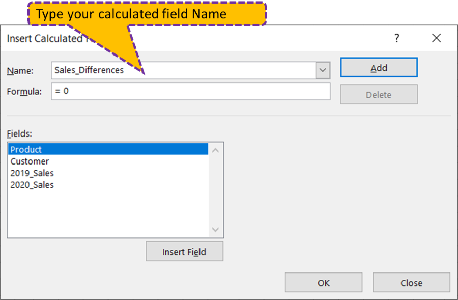 Insert Calculated Field dialogue box