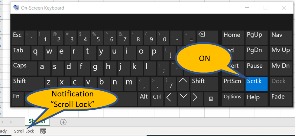 ScrLk on virtual keyboard in on.