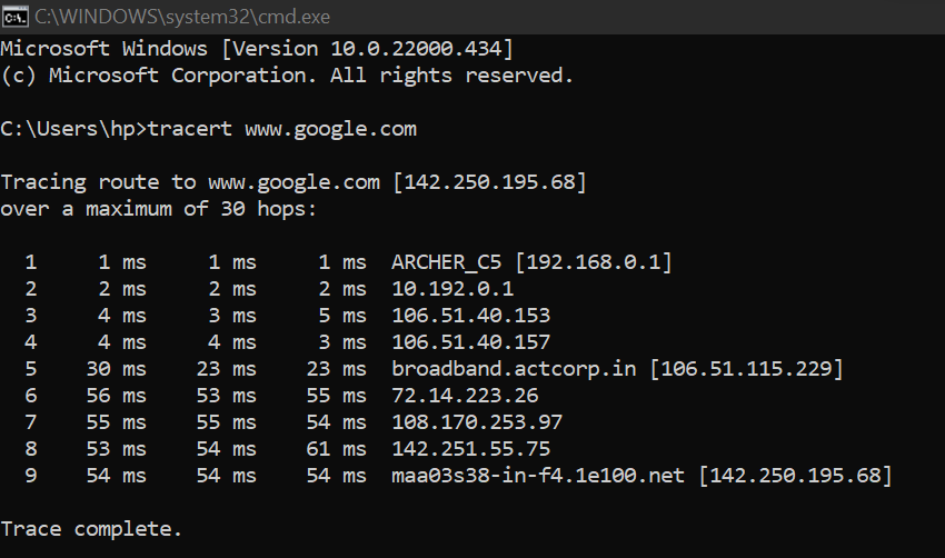 Traceroute in Windows