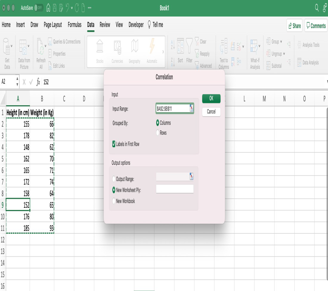 The Excel file contains data collected from 165