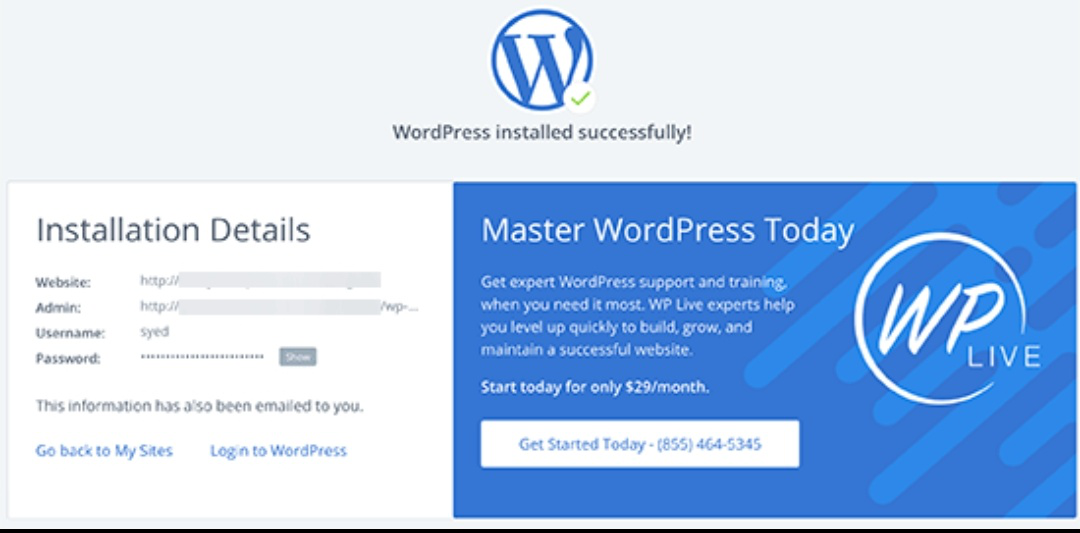 Web live. WORDPRESS installation. Wp install. Installing WORDPRESS. Install was successfully.