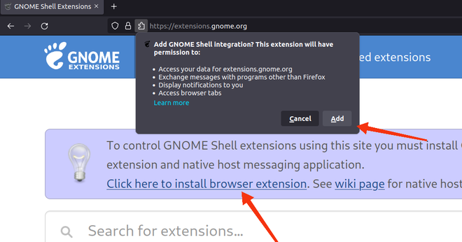 Installing GNOME shell browser extension