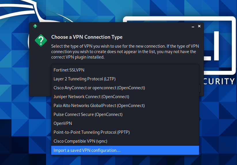 Importing saved VPN configuration