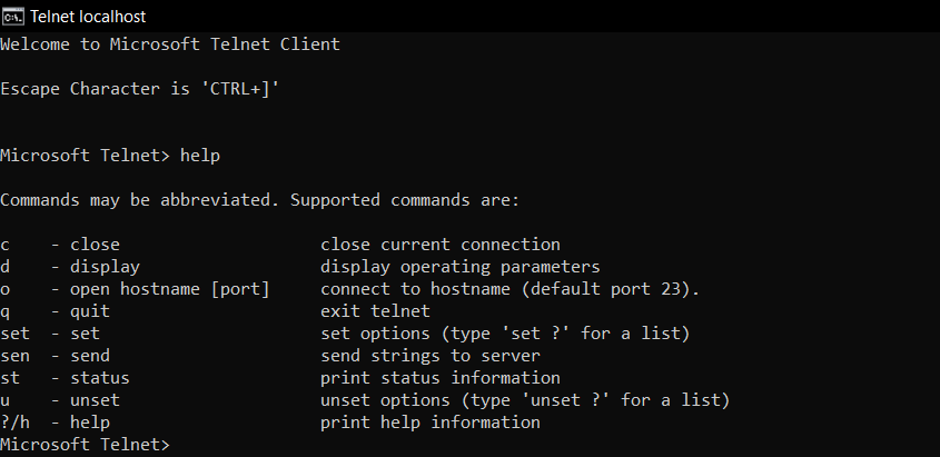 Connecting with localhost/remote host using telnet