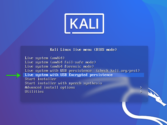 Selecting Mode for Kali live system