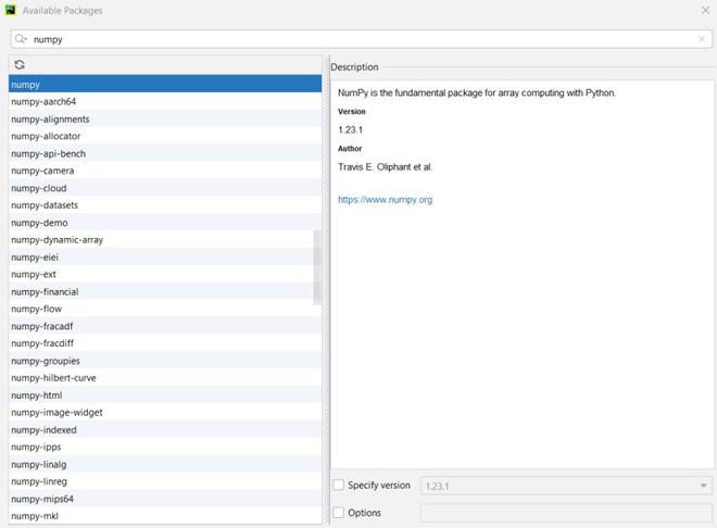 Select numpy in pycharm