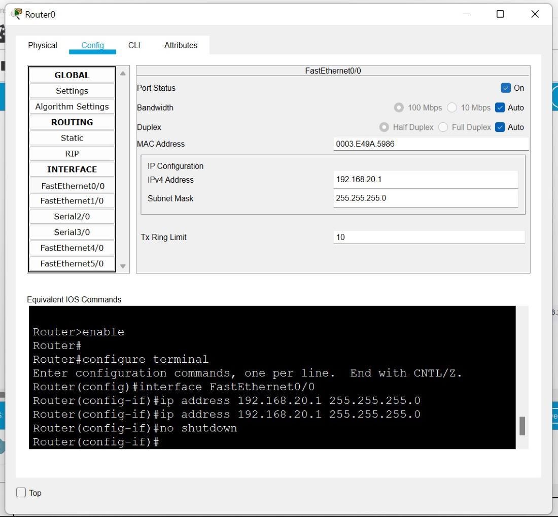 Assigning IP to interface FastEthernet0/0 of Router0 in 'Config' tab