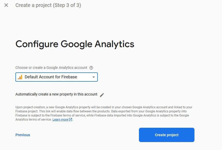 Select 'Default account for Firebase' and finally create a project