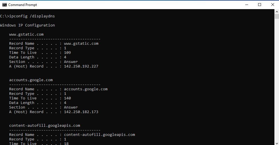 ipconfig and DNS Display command of Windows