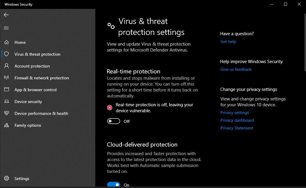 Virus Threat and protection settings