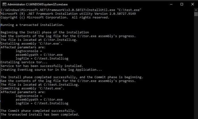 installing service using, C:\tor.exe path for installutil.exe. 