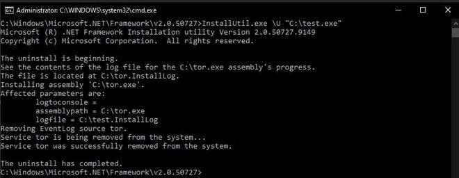 use \U to uninstall, tor.exe by using test.exe. 