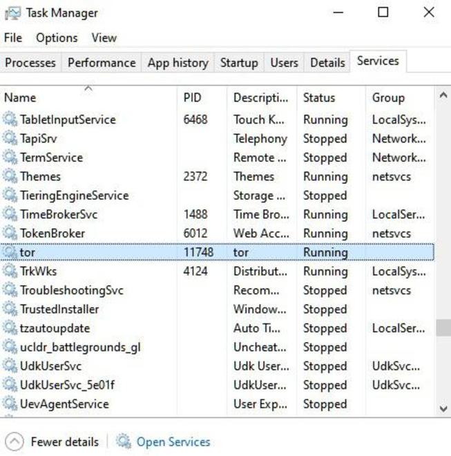 confirmation of installation, find tor in task manager 