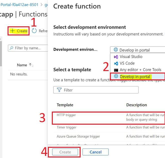 Creating HTTP trigger function in the function app