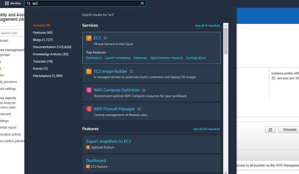 Selecting EC2 dashboard