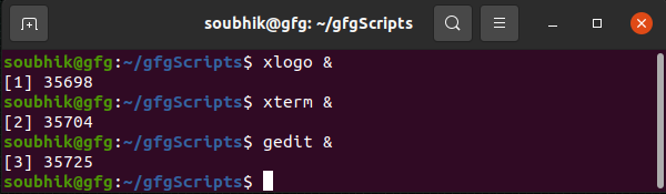 Starting processes in background by appending & symbol. The job specs are in square brackets.