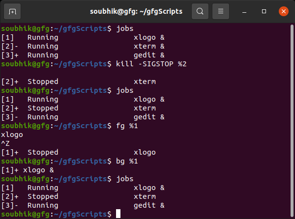 Sending signals by targeting the process via job spec and making process foreground/background via job spec