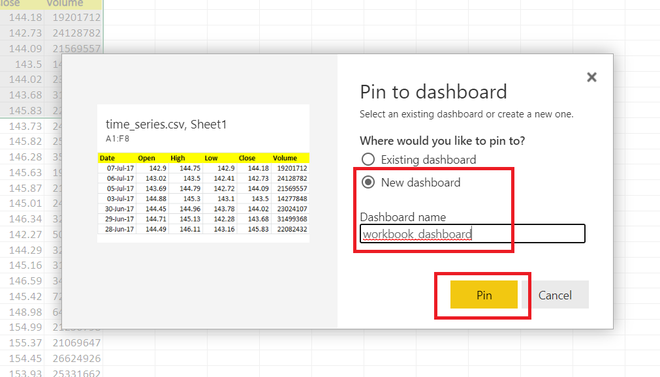 Power BI - Pin Workbooks on the Dashboard