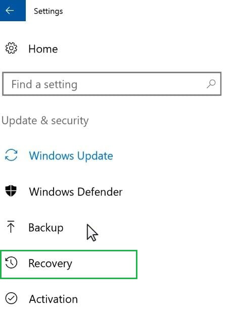 Recovery Option in Windows Settings