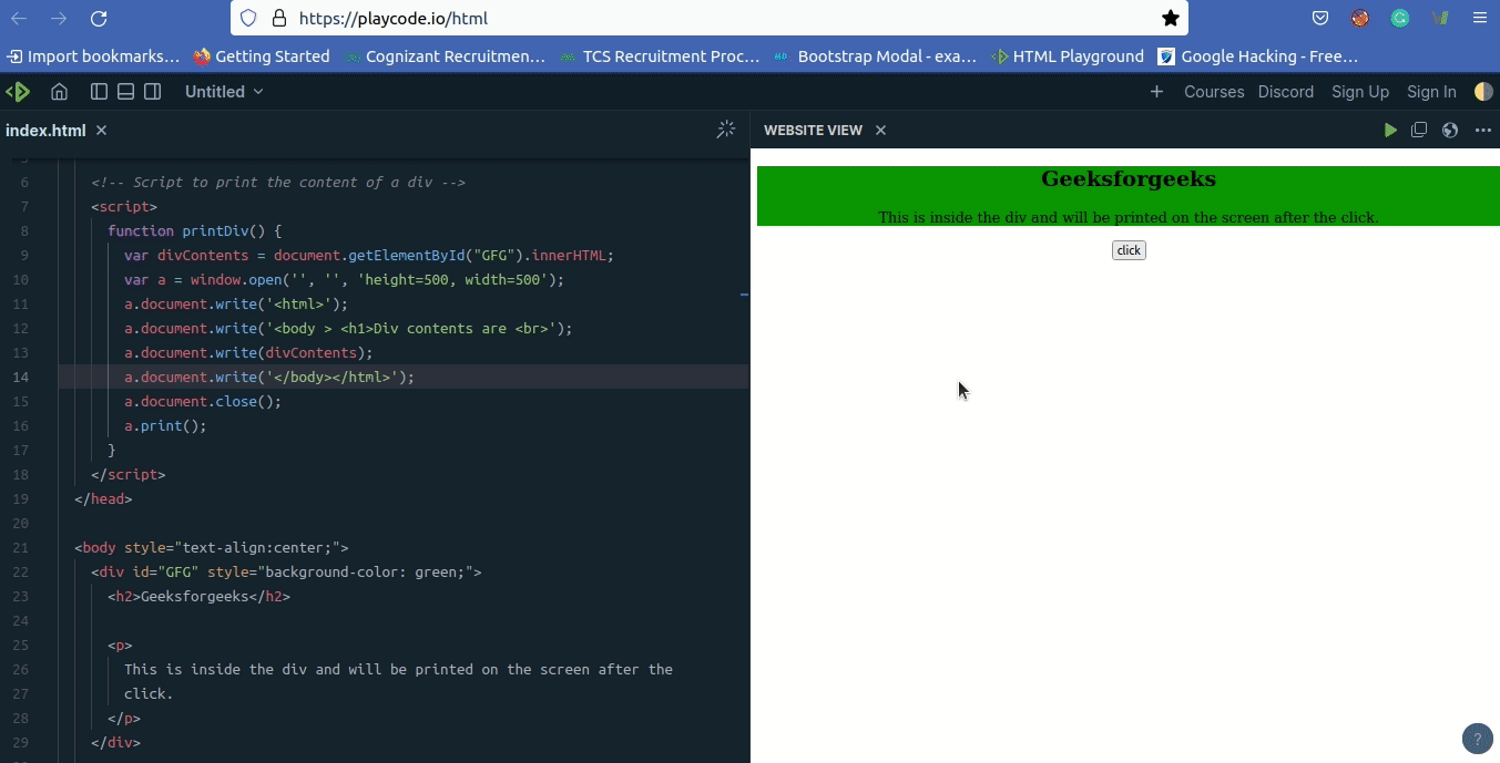 Sanctuary bælte Rundt og rundt Print the content of a div element using JavaScript - GeeksforGeeks