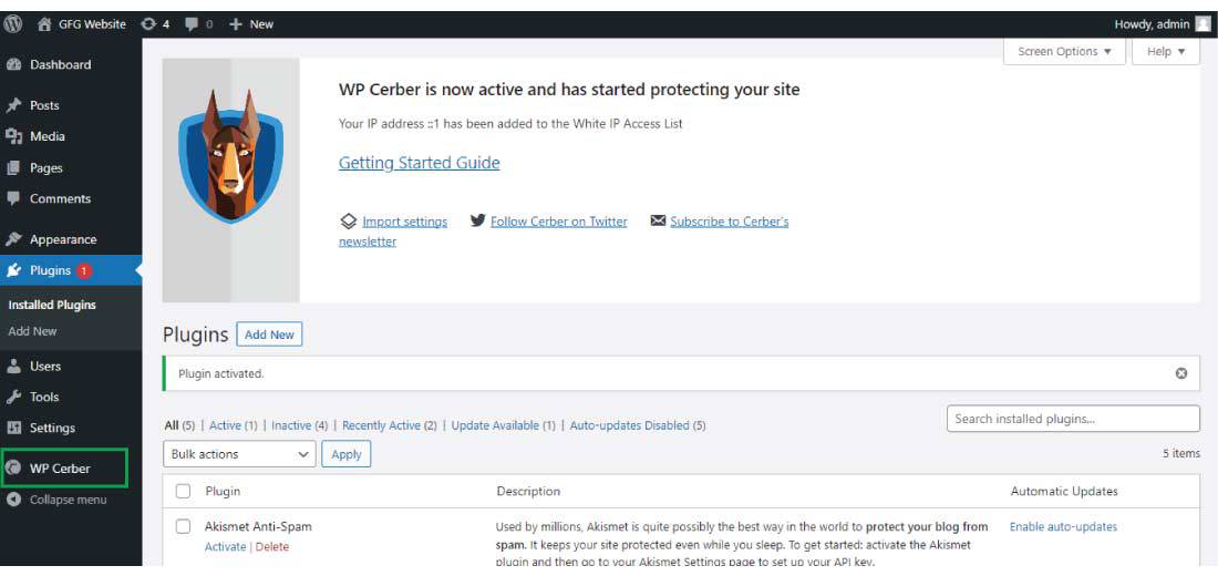 activate the WP Cerber security plugin on your WordPress website