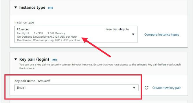 instance type and key pair