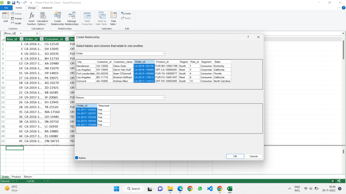 Choose [Order_id] from Order dataset and [Order_id] from Return dataset.