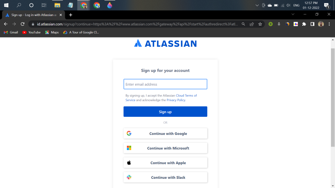 Signup page Atlassian