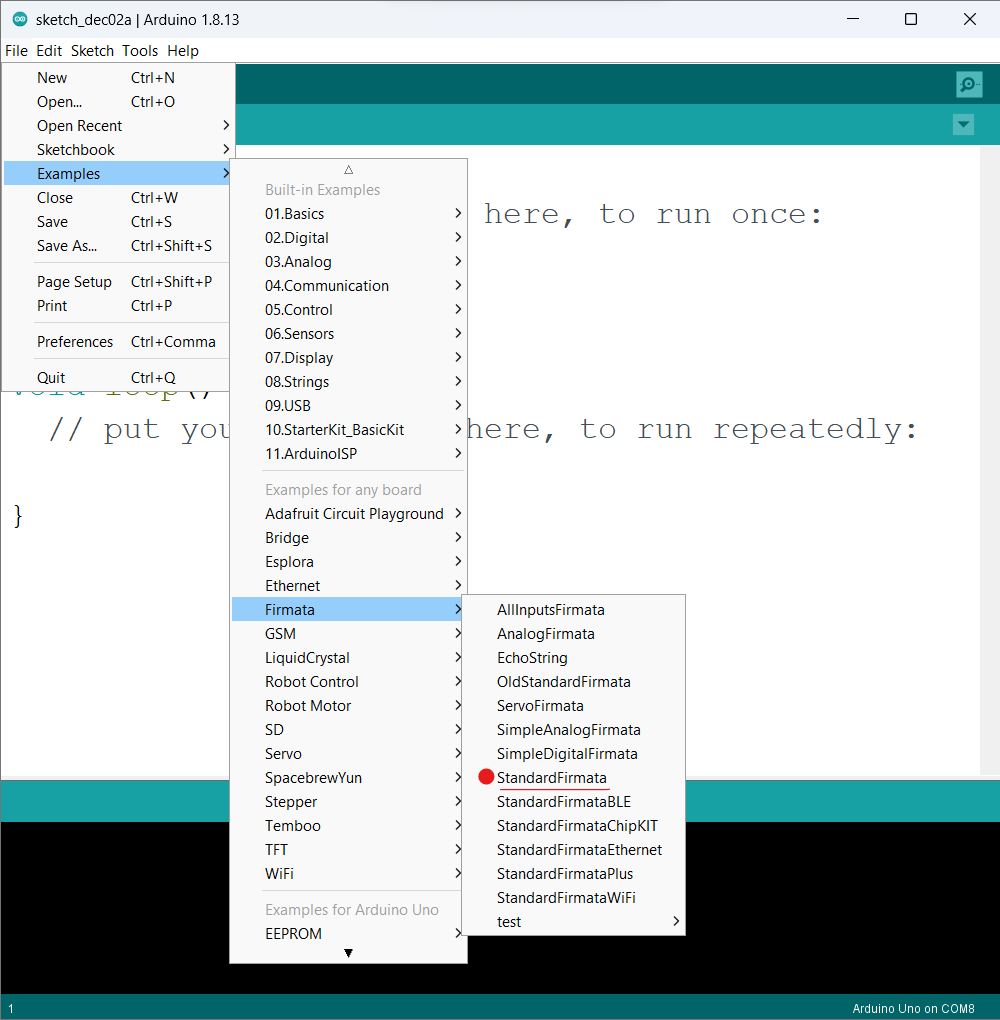 Screenshot of how to Select StandardFirmata