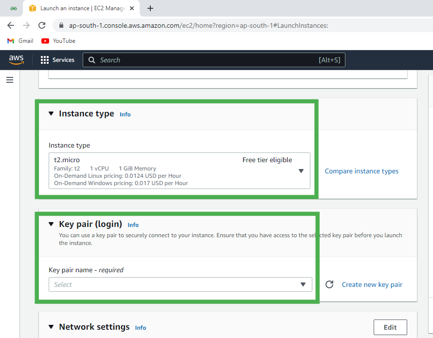 instance type and security keys