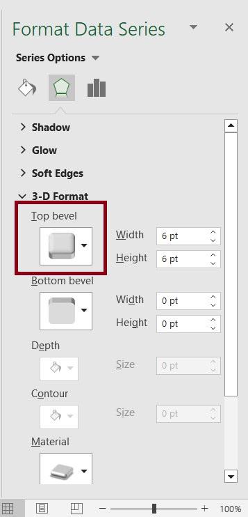 Format data series pane is open. and add 3-D effect here.