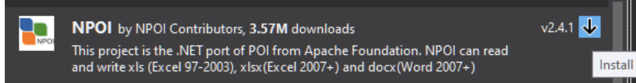"NPOI" package and click "Install"