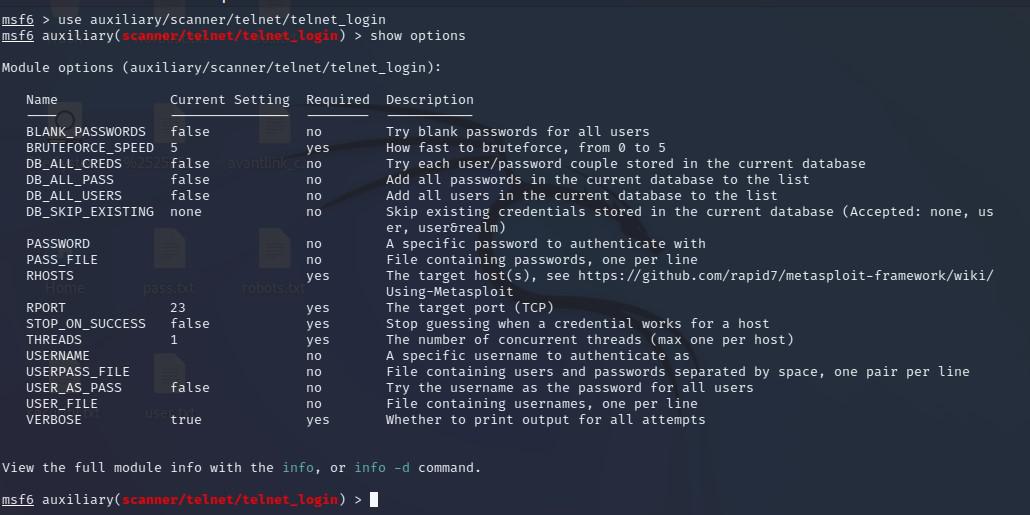 showing options for telnet_login module