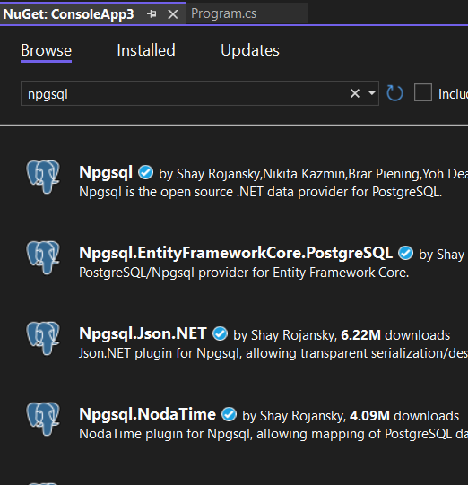 Selecting-Npgsql-package