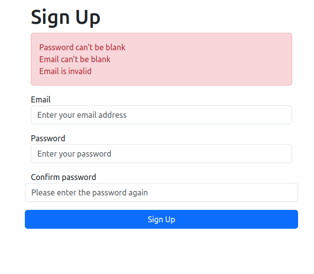 Signup page showing errors