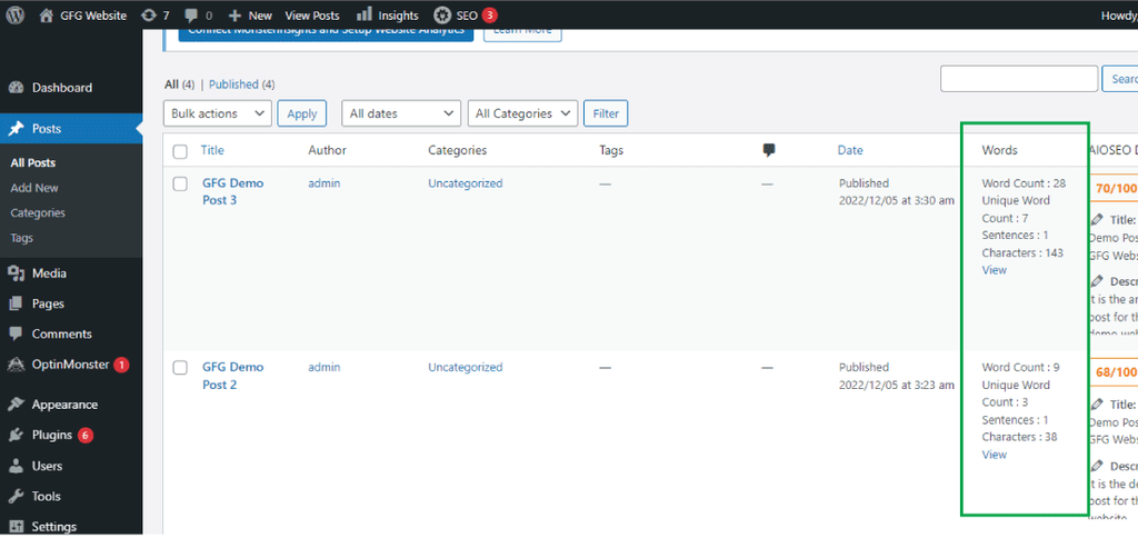 How to add Word Count in the WordPress Dashboard ? - GeeksforGeeks