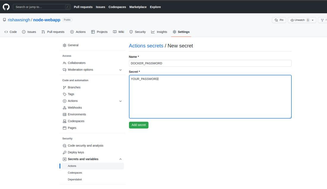 Actions Secrets providing the Dockerhub username and password