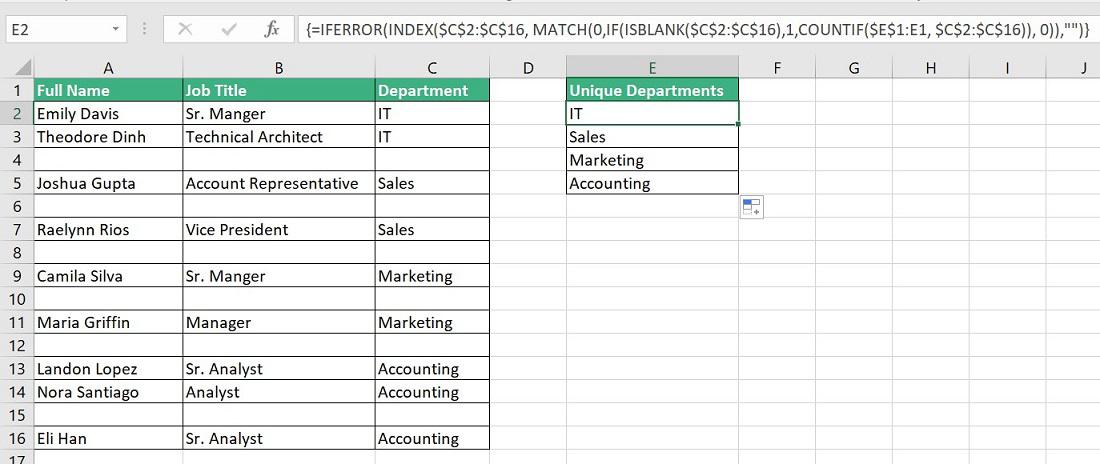 Extracting unique values from a list of data that has blank or missing entries