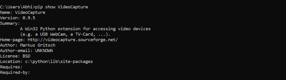 Display information about the installed Python-VideoCapture package