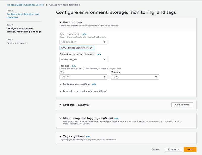 Configure Environment, Storage, Monitoring, and Tags for Task Definition