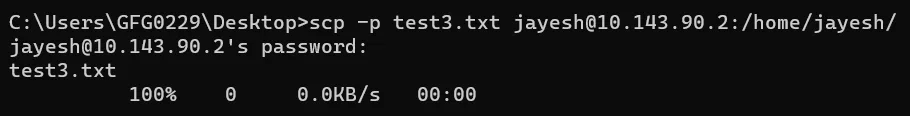 copying file from local system to remote using -p option in scp