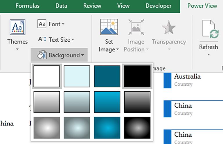 list of background colors in background option in power view