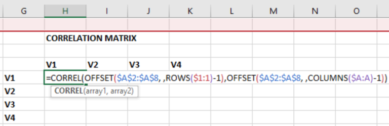 correlation formula added, using offset, rows and column function 