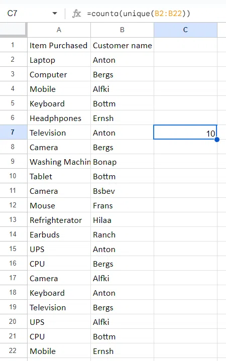 COUNTA(UNIQUE(B2:B22)) formula applied.