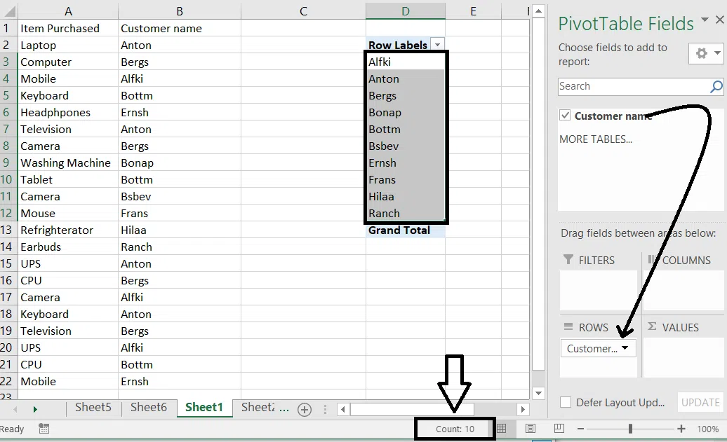 Count Distinct values using Pivot Table.